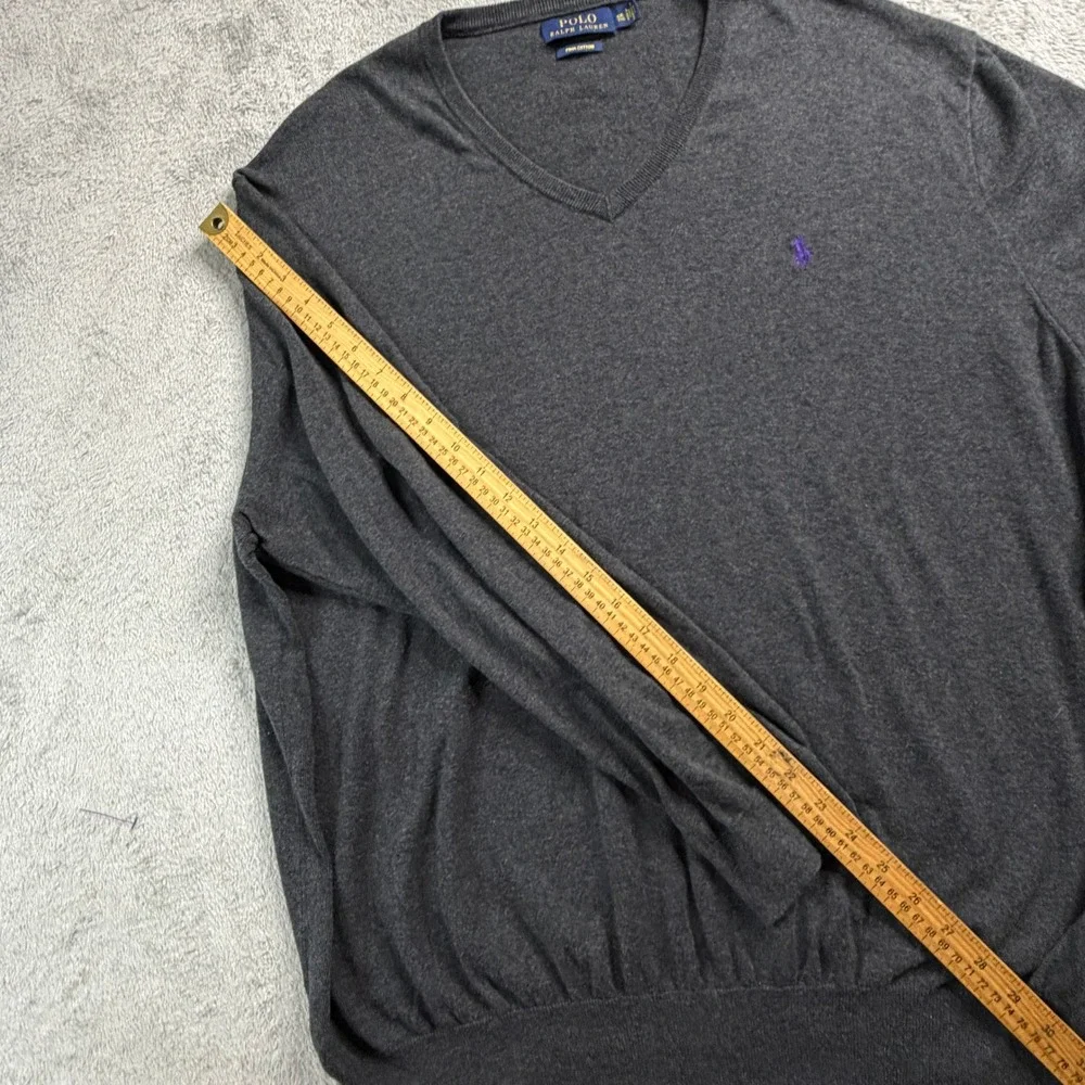 Polo Ralph Lauren Mens XXL Grey Pima Cotton V-Neck Sweater Purple Pony Logo